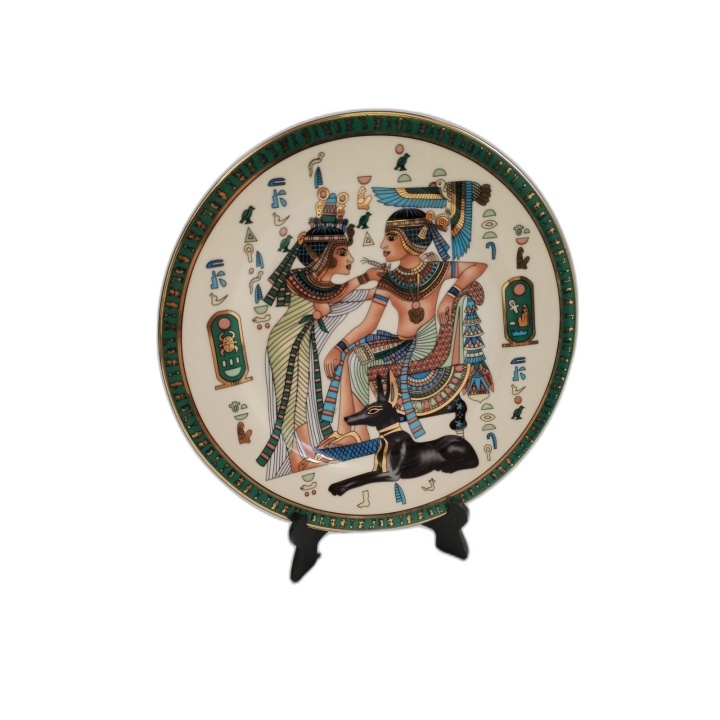 Assiette Décorative Égyptienne Porcelaine Fine Dorée - Scène Pharaon 1