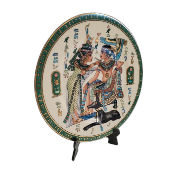 Assiette Décorative Égyptienne Porcelaine Fine Dorée - Scène Pharaon 1