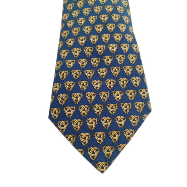 Cravate Hermès Paris Soie Bleue Motif Nœuds Dorés - Occasion Excellent