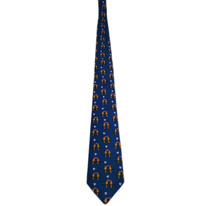 Cravate Hermès Paris Soie Bleue Motif Toucans & Cœurs - Excellent État