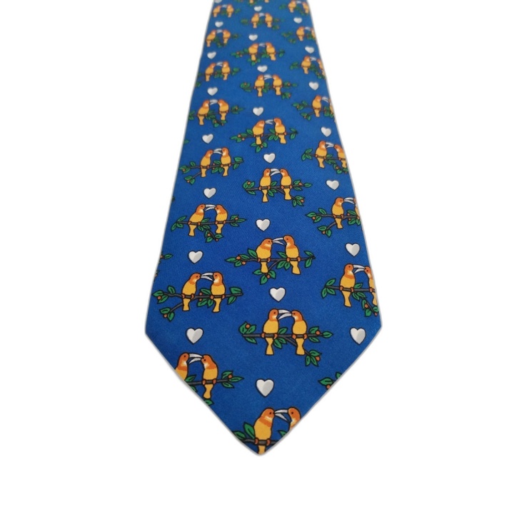 Cravate Hermès Paris Soie Bleue Motif Toucans & Cœurs - Excellent État