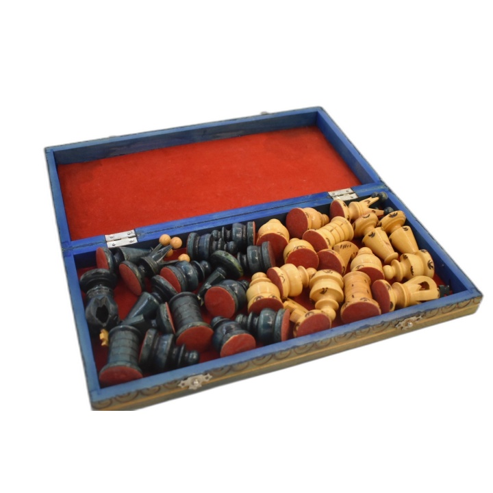 Jeu d'Échecs Artisanal Bois Sculpté - Coffret Bleu Velours Rouge - Piè