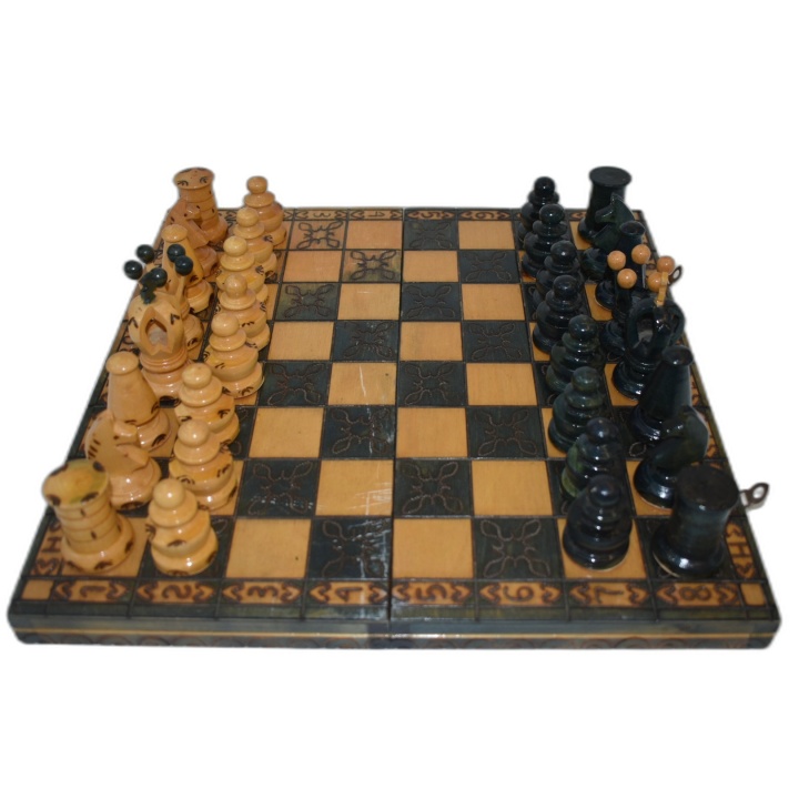 Jeu d'Échecs Artisanal Bois Sculpté - Coffret Bleu Velours Rouge - Piè