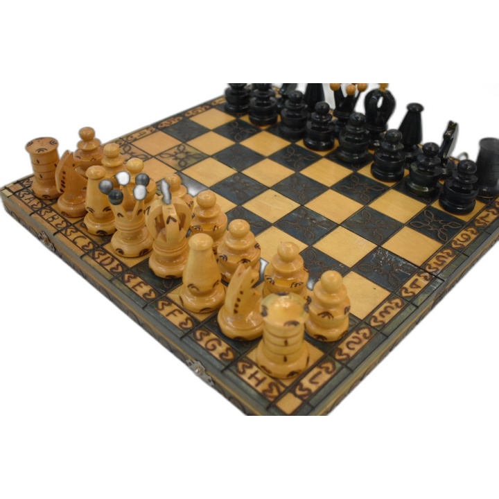 Jeu d'Échecs Artisanal Bois Sculpté - Coffret Bleu Velours Rouge - Piè