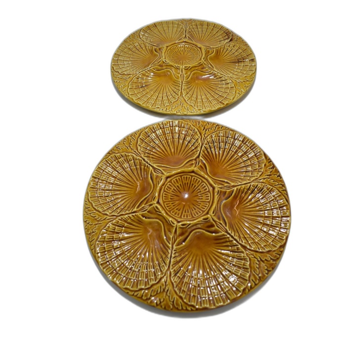 Lot 2 Assiettes à Huîtres Barbotine Jaune Moutarde - Céramique Vintage