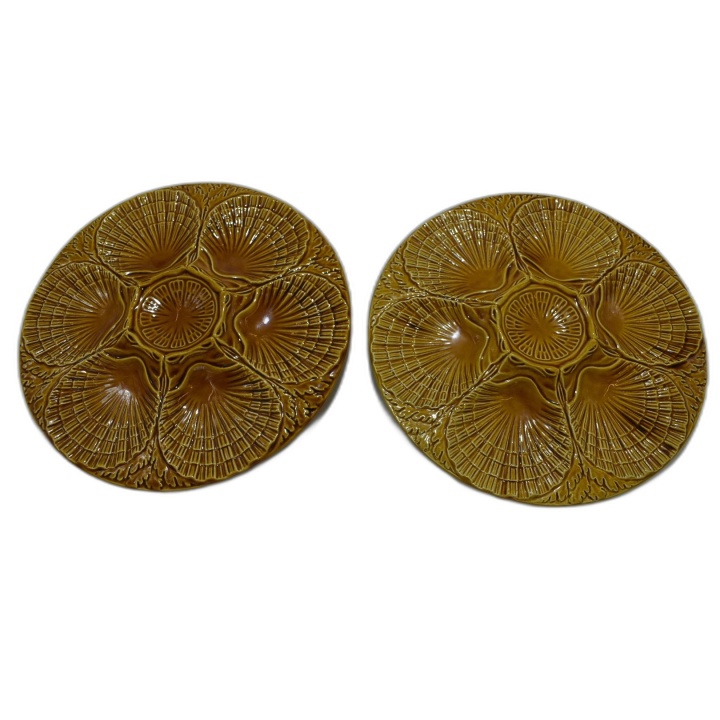 Lot 2 Assiettes à Huîtres Barbotine Jaune Moutarde - Céramique Vintage