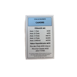 Titre Propriété CAHORS - Monopoly Edition des Vins Hasbro