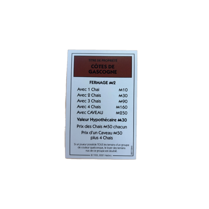 Carte Côtes de Gascogne - Monopoly Edition des Vins Hasbro