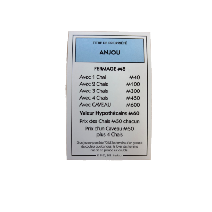 Titre de propriété Anjou - Monopoly Edition des Vins Hasbro