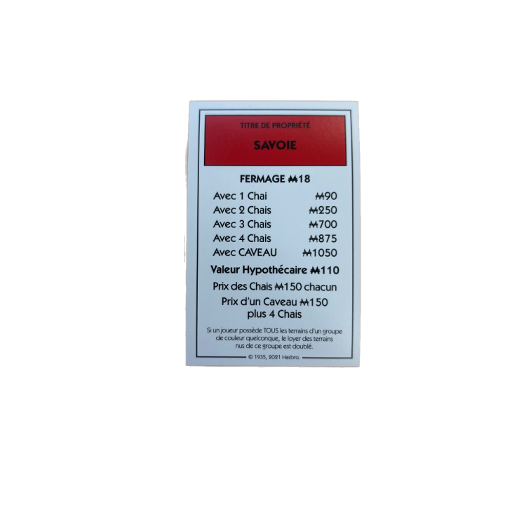 Carte propriété Savoie - Monopoly Edition des Vins Hasbro