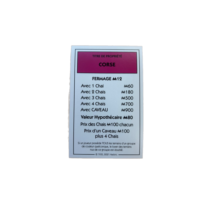 Carte Propriété CORSE - Monopoly Edition des Vins Hasbro
