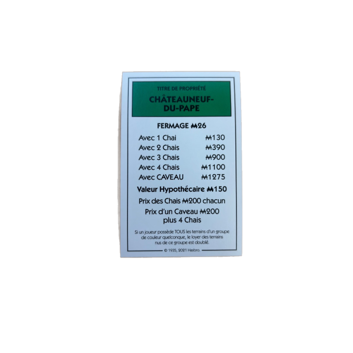 Carte Châteauneuf-du-Pape Monopoly Edition des Vins Hasbro