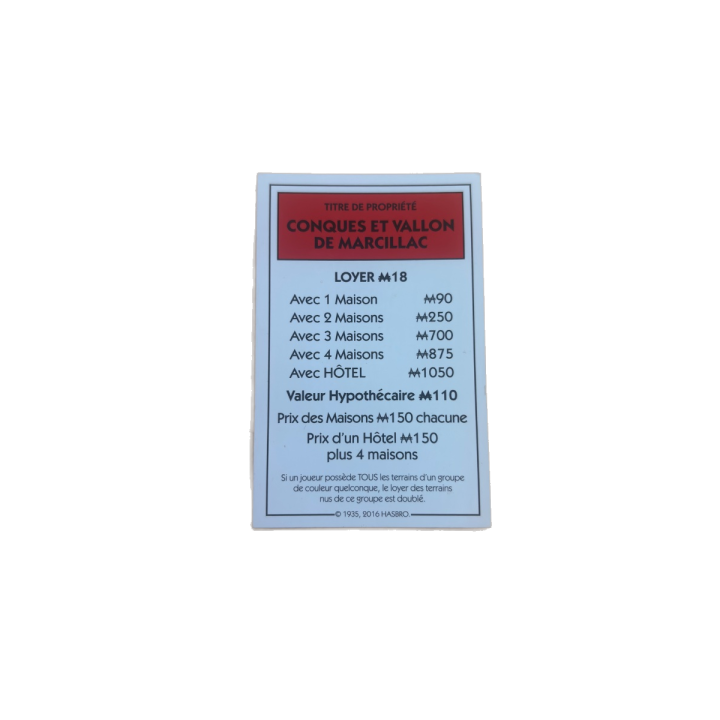 Titre propriété Conques Marcillac - Monopoly Aveyron Hasbro