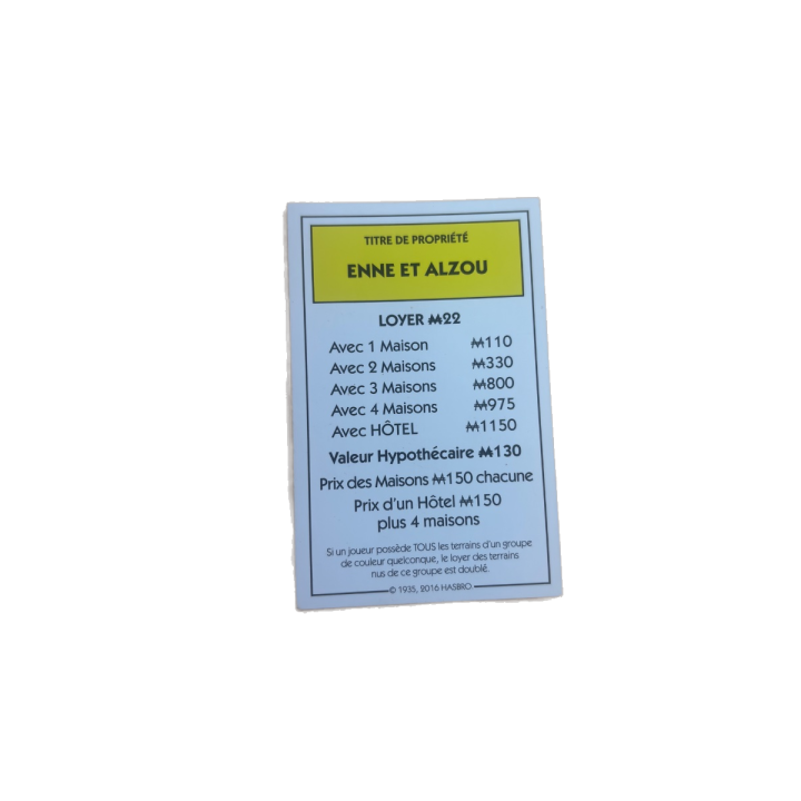Titre propriété Enne et Alzou - Monopoly Aveyron Hasbro