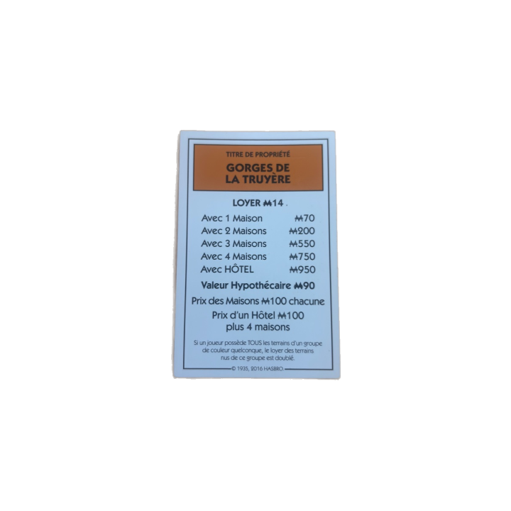Titre propriété Gorges Truyère - Monopoly Aveyron Hasbro