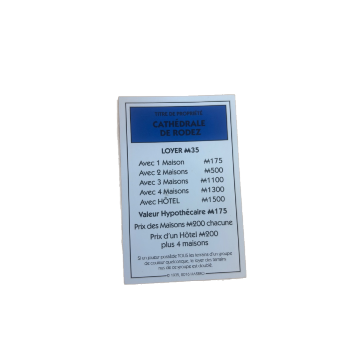 Titre propriété Cathédrale Rodez - Monopoly Aveyron Hasbro