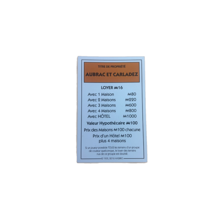 Titre propriété Aubrac Carladez - Monopoly Aveyron Hasbro