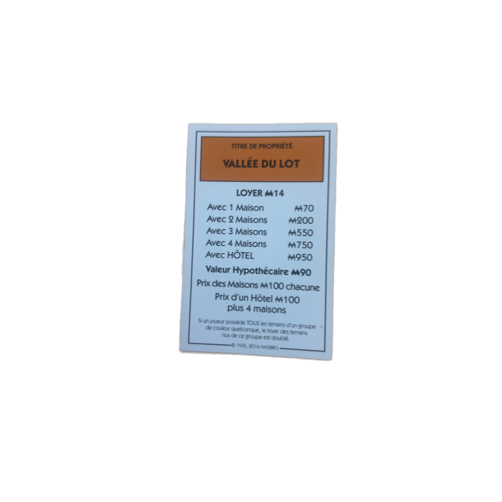 Titre propriété Vallée du Lot - Monopoly Aveyron Hasbro