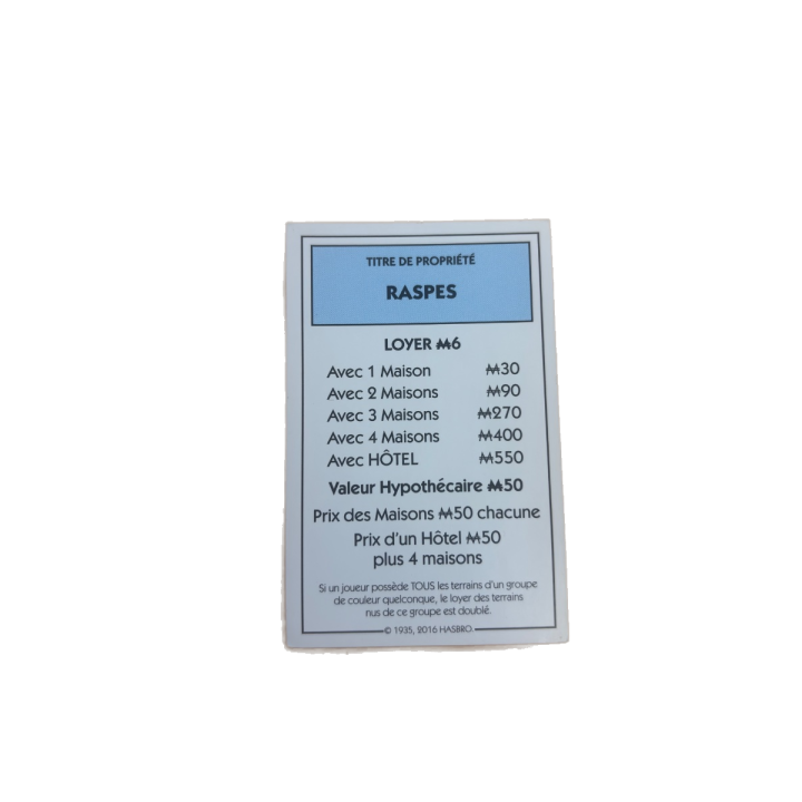 Titre propriété RASPES - Monopoly Aveyron Hasbro