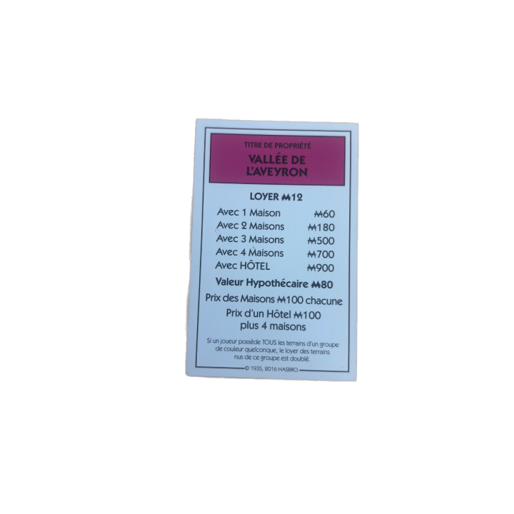 Titre propriété Vallée Aveyron - Monopoly Aveyron Hasbro