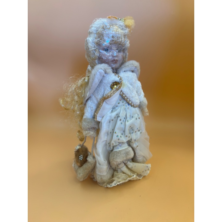 Poupée Ange Porcelaine Blonde Robe Blanche Décor Strass -