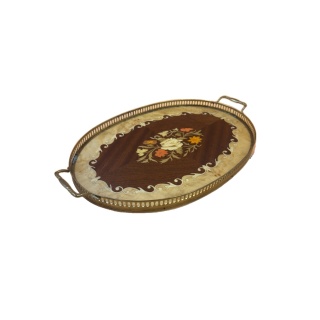 Plateau Ovale Bois Marqueté & Laiton Floral Vintage
