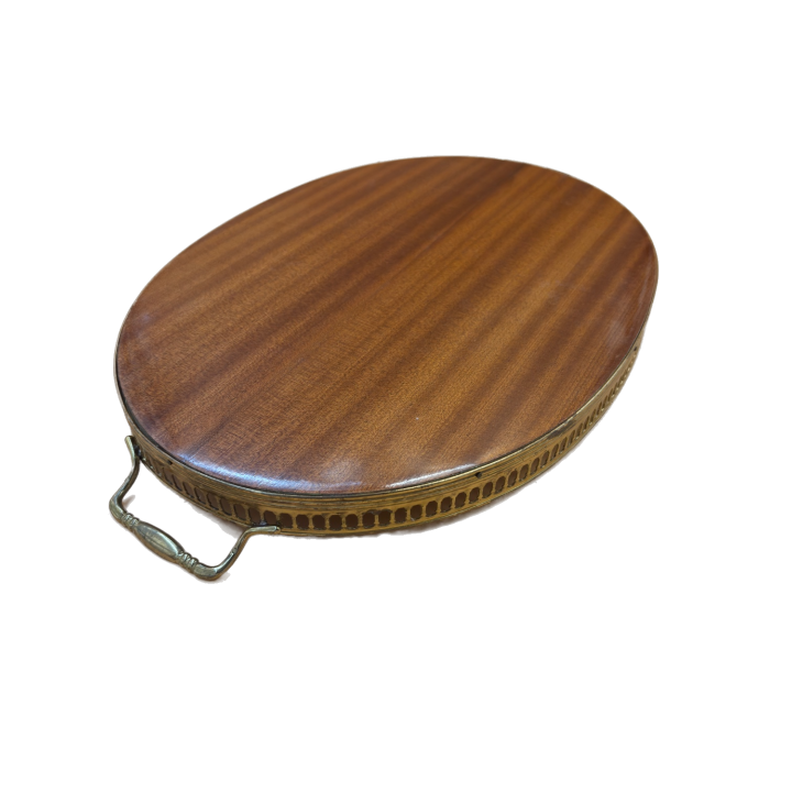 Plateau Ovale Bois Marqueté & Laiton Floral Vintage