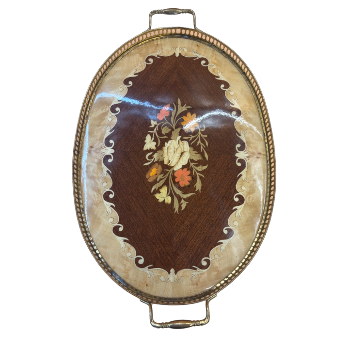 Plateau Ovale Bois Marqueté & Laiton Floral Vintage