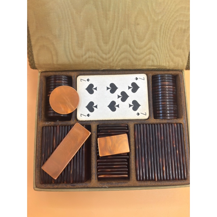 Coffret Poker Vintage - Jetons Bakélite & Cartes - Écrin Tissu