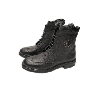 Boots Montantes Roberto Cavalli Homme Noir Cuir Grainé Lacets Brogue -
