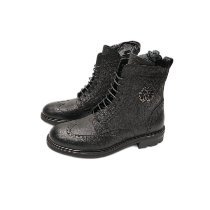 Boots Montantes Roberto Cavalli Homme Noir Cuir Grainé Lacets Brogue -