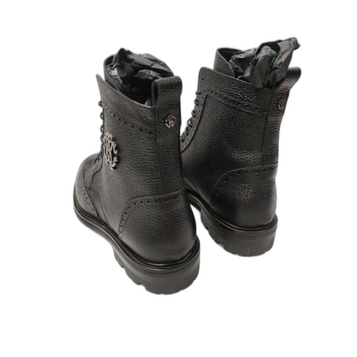 Boots Montantes Roberto Cavalli Homme Noir Cuir Grainé Lacets Brogue -