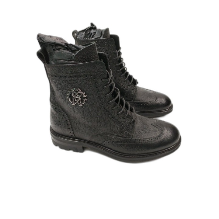 Boots Montantes Roberto Cavalli Homme Noir Cuir Grainé Lacets Brogue -