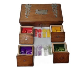Coffret Jetons de Poker Anciens - Boîte Bois Marquetée 4 Tiroirs - Jet
