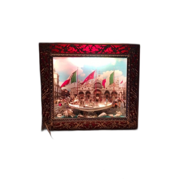 Tableau Lumineux Baroque Venise 3D Relief Gondole Coquillages - Cadre 