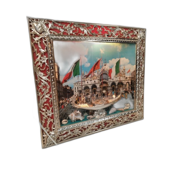 Tableau Lumineux Baroque Venise 3D Relief Gondole Coquillages - Cadre 