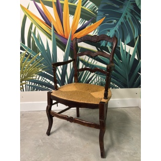 Fauteuil Ancien Bois Sculpté Motif Coquille Assise Osier
