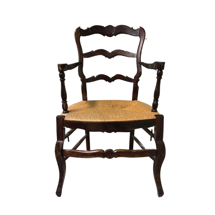 Fauteuil Ancien Bois Sculpté Motif Coquille Assise Osier