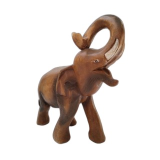 Éléphant Sculpté Bois Massif Art Thaïlandais Trompe Levée H.27cm - Sta