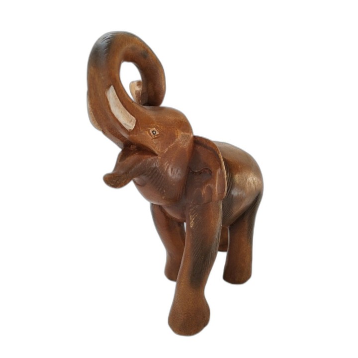 Éléphant Sculpté Bois Massif Art Thaïlandais Trompe Levée H.27cm - Sta
