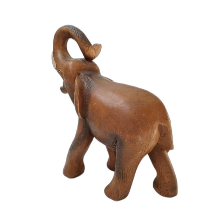 Éléphant Sculpté Bois Massif Art Thaïlandais Trompe Levée H.27cm - Sta