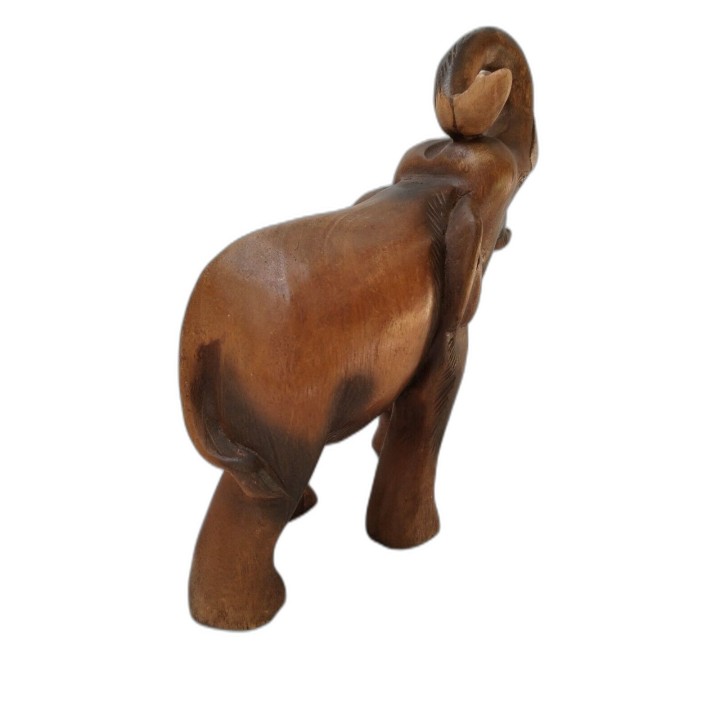 Éléphant Sculpté Bois Massif Art Thaïlandais Trompe Levée H.27cm - Sta