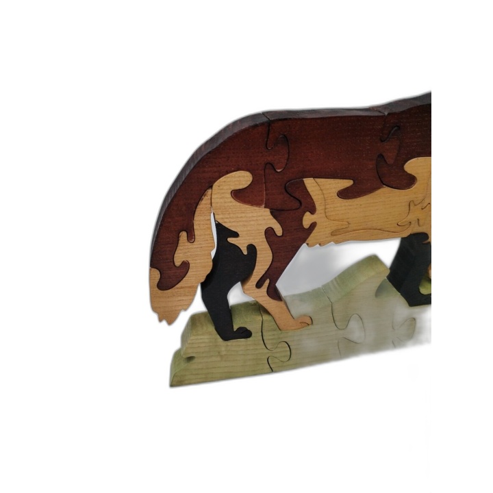 Puzzle 3D Bois Loup Artisanal - Figurine Animaux à Assembler - Décorat