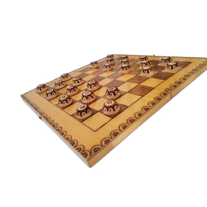 Jeu de Dames en Bois Sculpté Artisanal - Plateau Pliant 33cm - 2 Joueu
