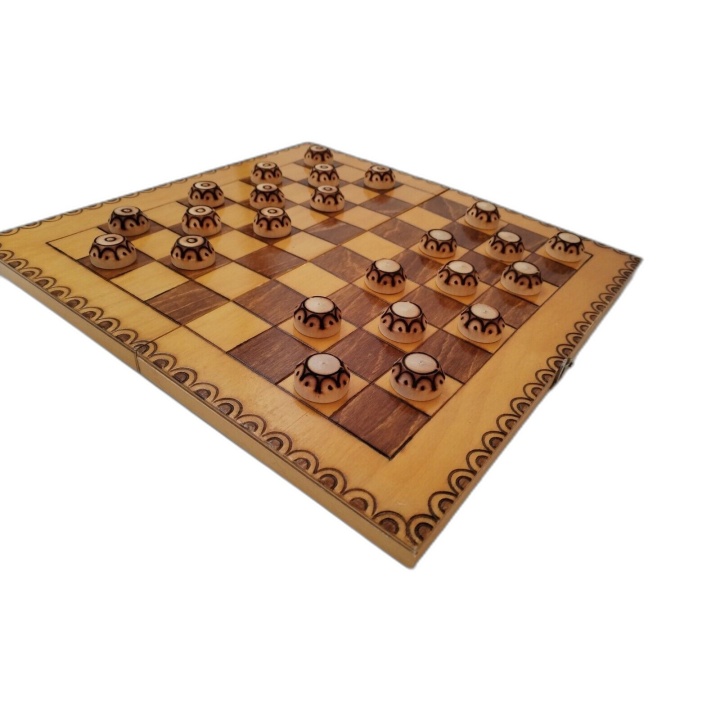 Jeu de Dames en Bois Sculpté Artisanal - Plateau Pliant 33cm - 2 Joueu