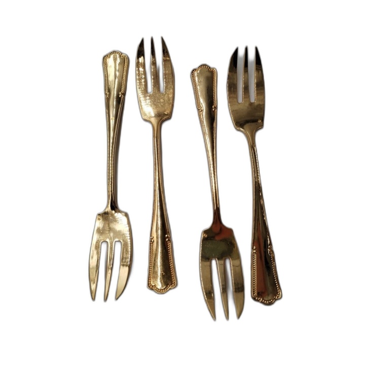 Lot 4 Fourchettes à Gâteau Dessert Métal Doré Plaqué Or - Style Vintag
