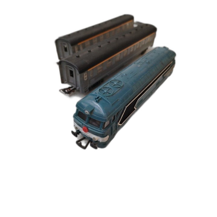 Lot Train Électrique HO - Locomotive + 2 Wagons + Rails & Aiguillages