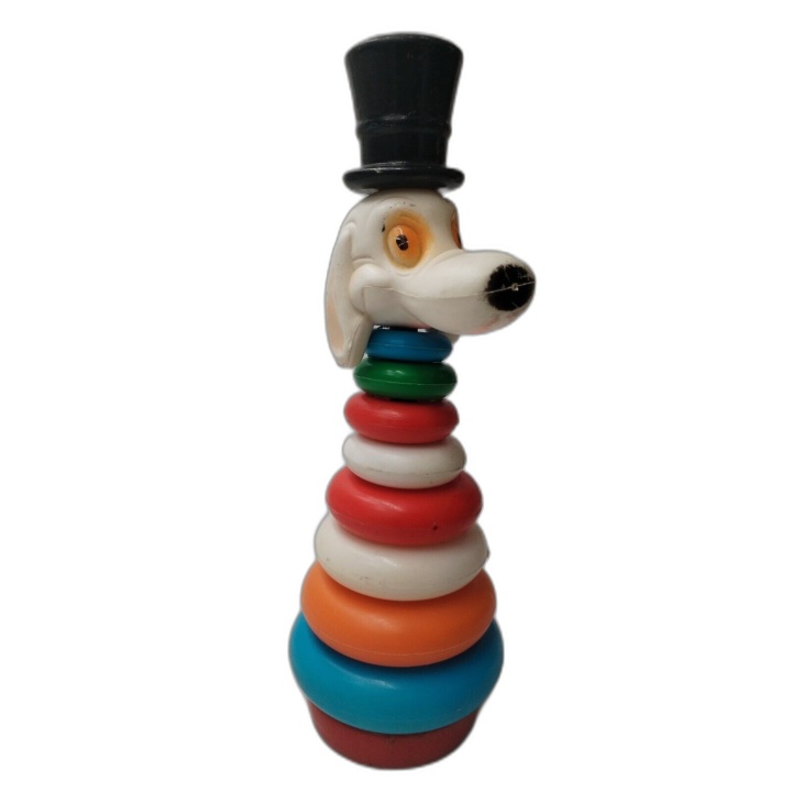Jouet Ancien Pyramide Empilable Tête de Chien Vintage - Jeu d'Éveil Bé