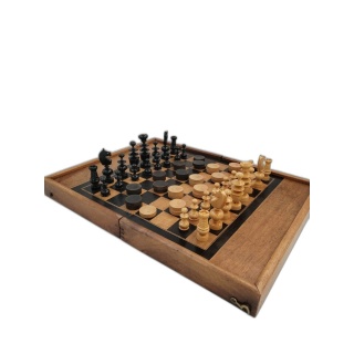 Échecs & Dames Bois Vintage - Coffret Plateau Marqueterie - Pièces Tou