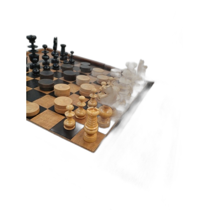 Échecs & Dames Bois Vintage - Coffret Plateau Marqueterie - Pièces Tou